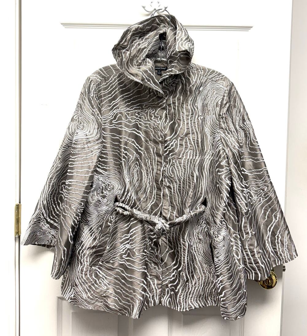 Samuel Dong Jacket Abstract High Collar Embroidered Belted Designer Coat Size S